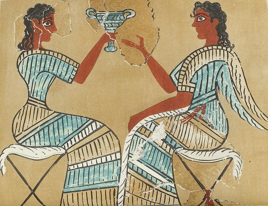 Restoration of so-called Camp stool Fresco by Evans, depicting a Minoan banqueting scene.