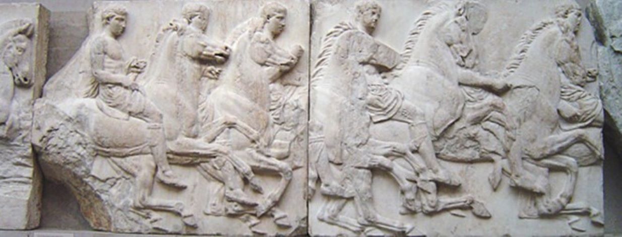 Part of The Parthenon Frieze showing a series of riders on horses in profile, currently housed in the British Museum. 