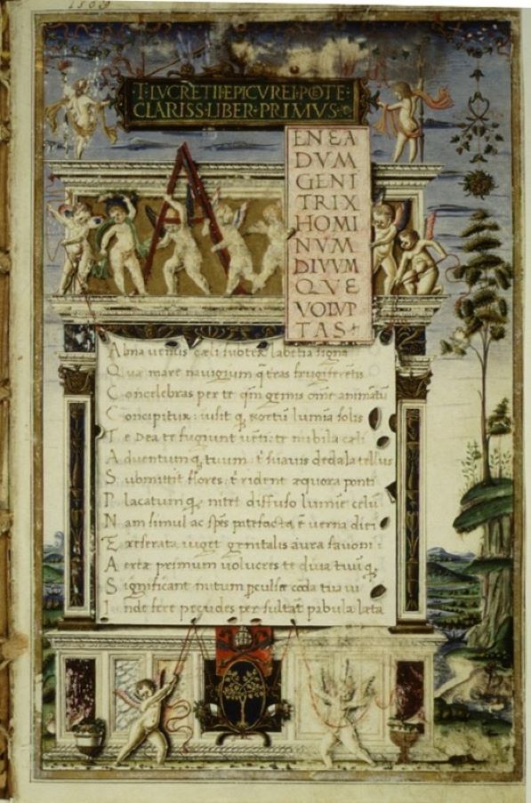 Opening of Pope Sixtus IV's 1483 manuscript of de rerum natura, scribed by Girolamo di Matteo de Tauris (Wikipedia)