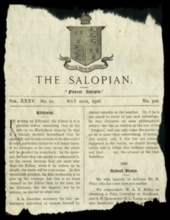 Fragment of article from the Salopian magazine with ripped edges