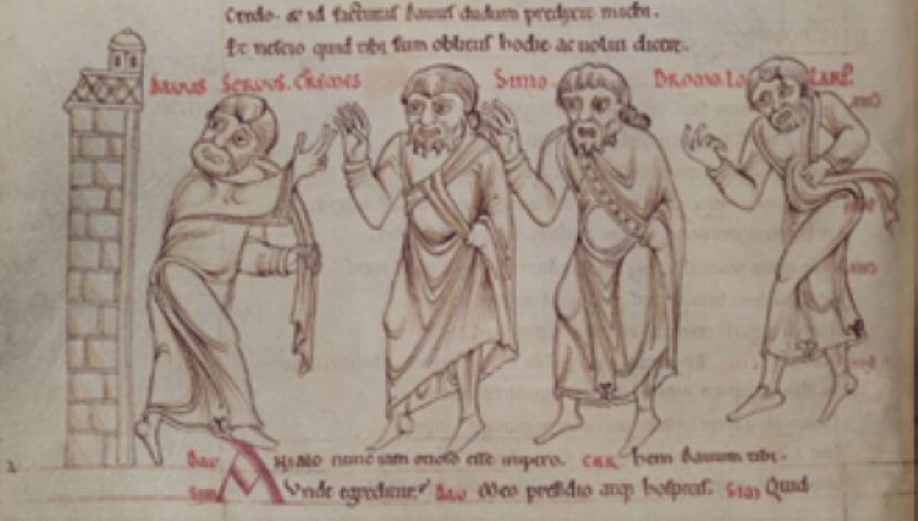 Four drawn characters with two lines of writing above and below the figures.
