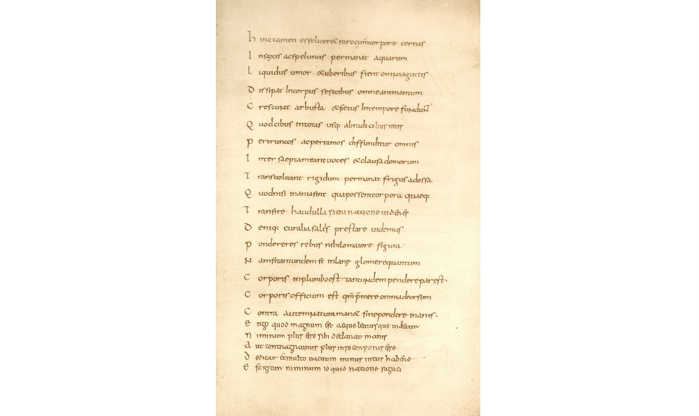A page from the oldest manuscript of Lucretius, the Codex Oblongus (f.10r), in which verses 1.364-8 at the bottom of the page have been added by the Irish scholar-monk Dungal, employed in Charlemagne’s court.
