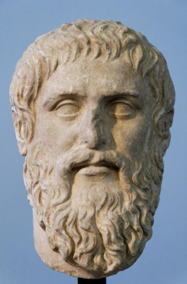 Roman copy of a portrait bust of Plato against a light blue background.