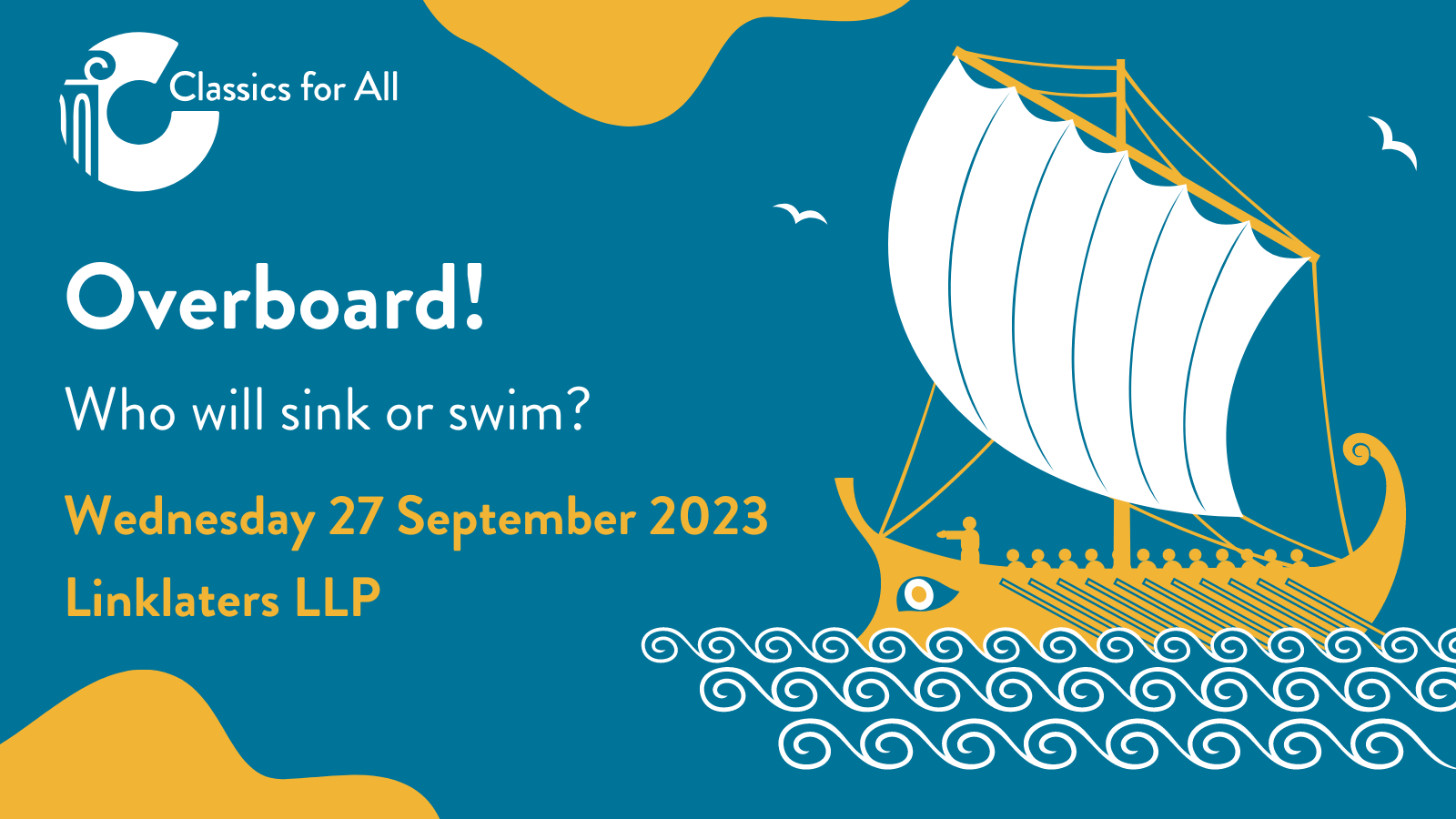 Graphic of boat with event title 'Overboard!' and basic event details